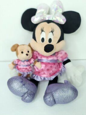 Talking Minnie Mouse Pink Polka Dot Bow Lights up Plush Holding Doll 15"